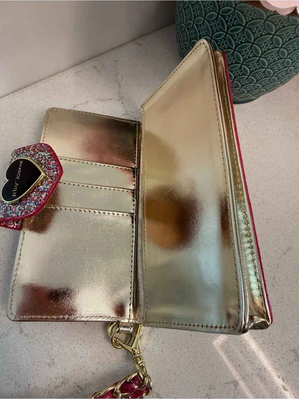 Betsey Johnson Multicolor Glitter Heart Clutch with Gold Chain